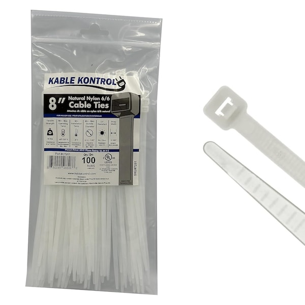 Kable Kontrol Cable Tie, 8 in L, 2.16 in Max Bundle Dia., Natural, Nylon 6/6, 50 lb Strength, 100 PK - CT261