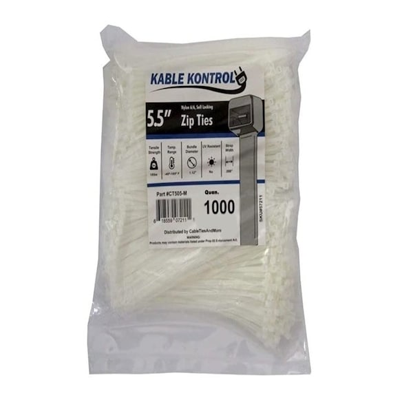 Kable Kontrol Cable Tie, 5-1/2 in L, 1-1/8 in Max Bundle Dia., Natural, Nylon 6/6, 18 lb Strength, 1000 PK - CT505-M