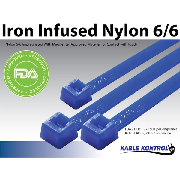 Kable Kontrol Cable Tie, 8 in L, 47.625 mm Max Bundle Dia., Blue, Nylon 6/6, 50 lb Strength, 100 PK - CTMD1400-50-BLUE