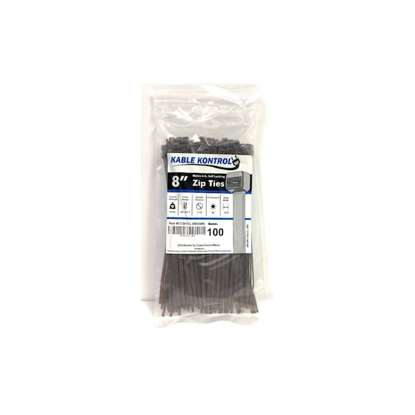 Kable Kontrol Cable Tie, 8 in L, 2.16 in Max Bundle Dia., Brown, Nylon 6/6, 50 lb Strength, 100 PK - CT261CL-BROWN