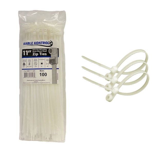 Kable Kontrol Cable Tie, 11 in L, 3 in Max Bundle Dia., Natural, Nylon 6/6, 50 lb Strength, 100 PK - MHT11-50-NATURAL