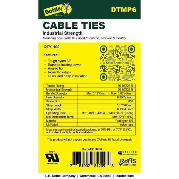 Dottie Cable Tie, 8 in L, 1.85 in Max Bundle Dia., Red, Nylon 6/6, 50 lb Strength, 100 PK - DTMP6