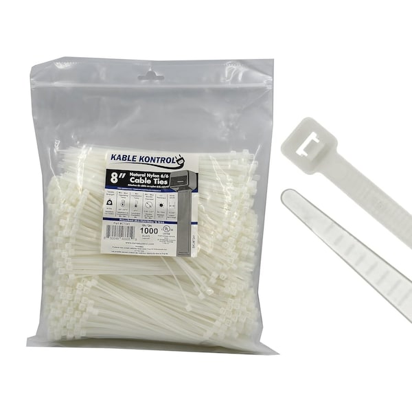 Kable Kontrol Cable Tie, 8 in L, 2.16 in Max Bundle Dia., Natural, Nylon 6/6, 40 lb Strength, 1000 PK - CT241