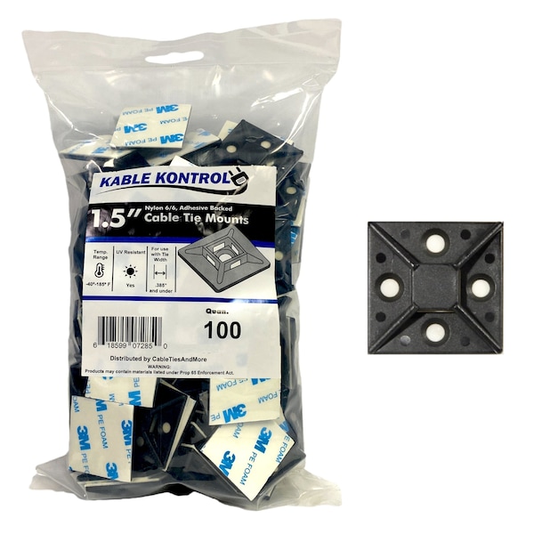 Kable Kontrol Kable Kontrol Adhesive Cable Tie Mounts - 1-1/2" Sq - UV Black Nylon - 100 pcs - CT286