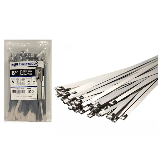 Kable Kontrol Cable Tie, 8 in L, 2 in Max Bundle Dia., Silver, 304 Stainless Steel, 200 lb Strength, 100 PK - SSCT08
