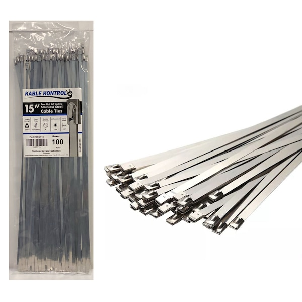 Kable Kontrol Cable Tie, 15 in L, 4.01 in Max Bundle Dia., Silver, 304 Stainless Steel, 200 lb Strength, 100 PK - SSCT15