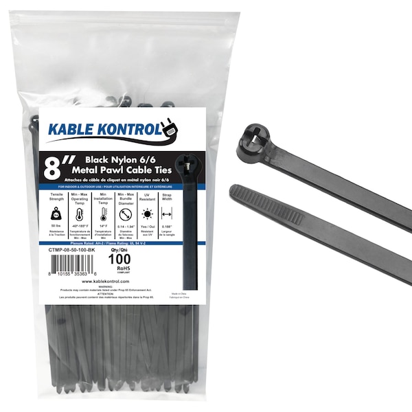 Kable Kontrol Metal Pawl Cable Ties, 8 in L, 1.94 in Max Bundle Dia., Black, Nylon 6-6 + Stainless Steel, 100 PK - CTMP-08-50-100-BK