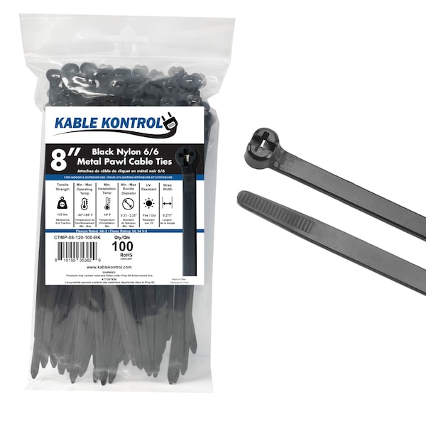 Kable Kontrol Metal Pawl Cable Ties, 8 in L, 2.25 in Max Bundle Dia., Black, Nylon 6-6 + Stainless Steel, 100 PK - CTMP-08-120-100-BK