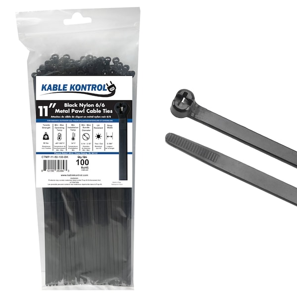 Kable Kontrol Metal Pawl Cable Ties, 11 in L, 3.18 in Max Bundle Dia., Black, Nylon 6-6 + Stainless Steel, 100 PK - CTMP-11-50-100-BK