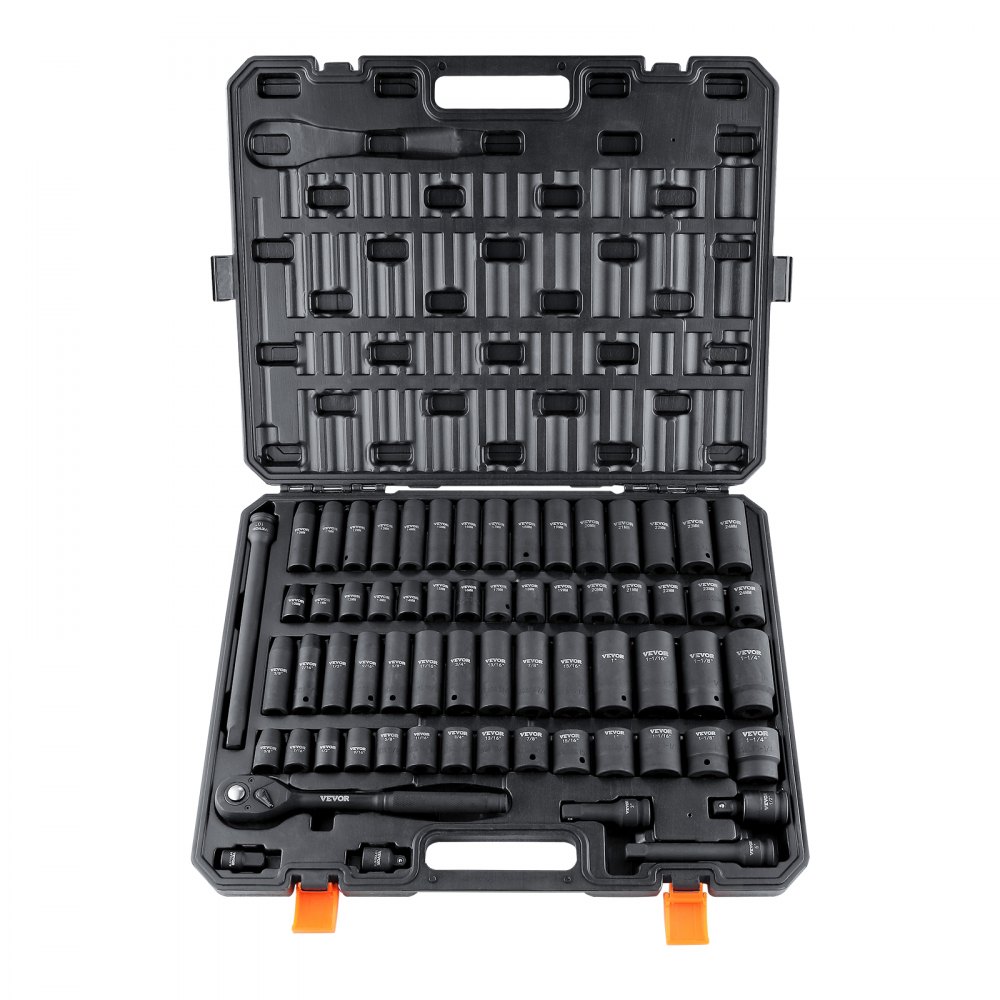 VEVOR 1/2" Drive Impact Socket Set, 65 Piece Socket Set SAE 3/8" to 1-1/4" and Metric 10-24mm, 6 Point Cr-V Alloy Steel for Auto Repair, Rugged Construction, Easy-to-Read Size Markings, Storage Case - CJT12SAECRV65DDRDV0