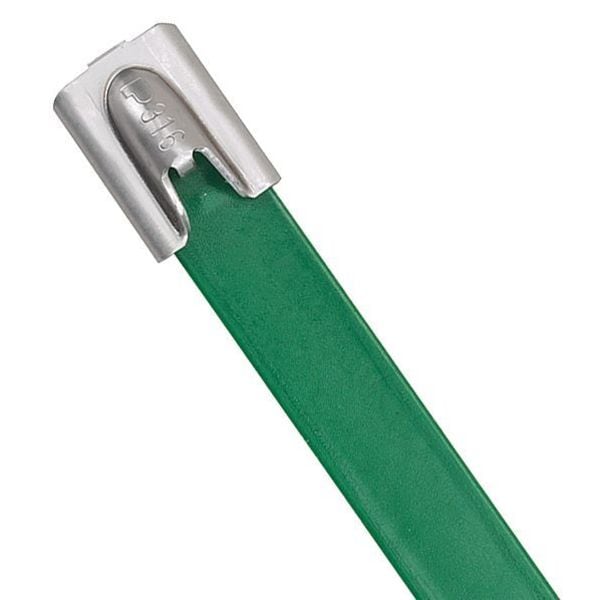 Panduit Cable Tie, 14-1/2 in L, 4 in Max Bundle Dia., Green, 316 Stainless Steel, 250 lb Strength, 50 PK - MLTFC4H-LP316GR