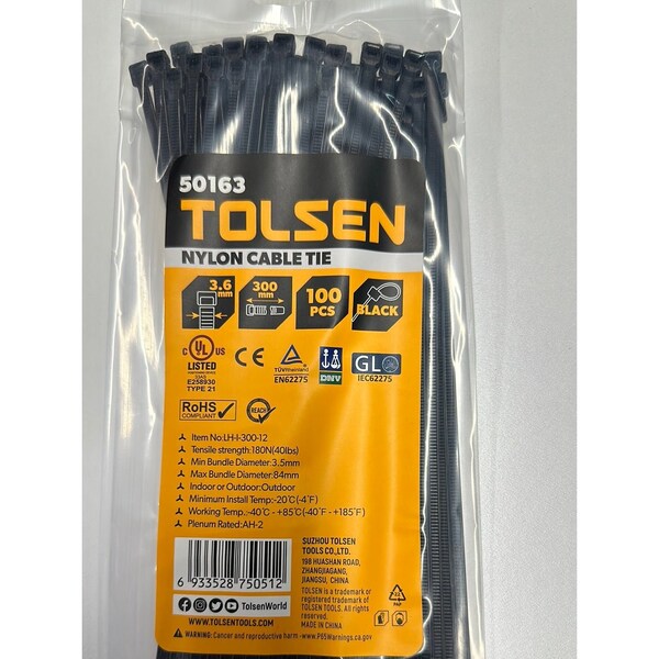 Tolsen Cable Tie, 12 in L, 84 mm Max Bundle Dia., Black, Nylon 6/6, 40 lb Strength, 100 PK - 50163