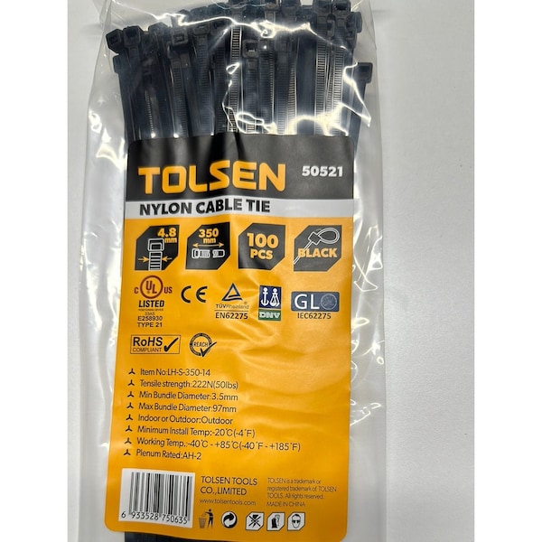 Tolsen Cable Tie, 14 in L, 97 mm Max Bundle Dia., Black, Nylon 6/6, 50 lb Strength, 100 PK - 50521