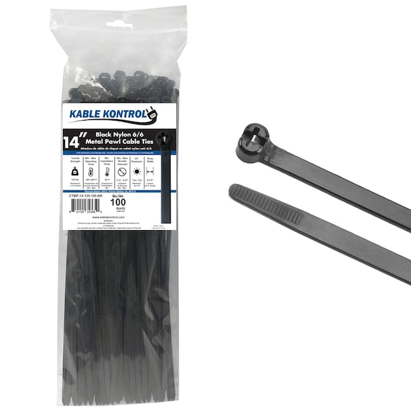 Kable Kontrol Metal Pawl Cable Ties, 14 in L, 4.07 in Max Bundle Dia., Black, Nylon 6-6 + Stainless Steel, 100 PK - CTMP-14-120-100-BK