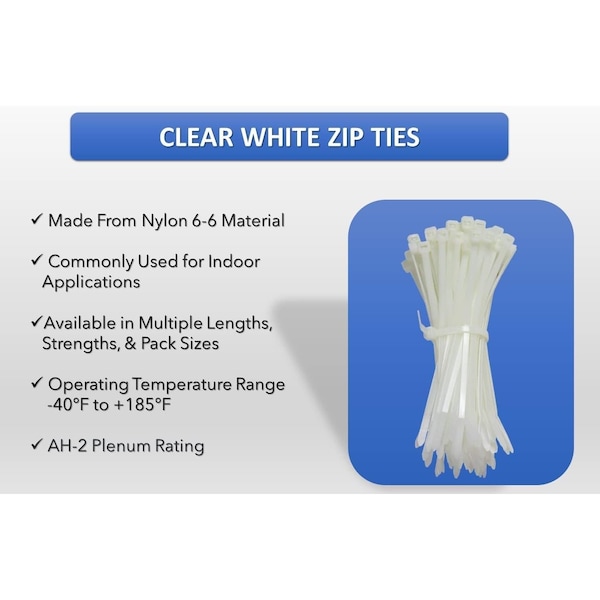 Kable Kontrol Clear Zip Ties, 12in Inch L, Natural Nylon, 75 Lbs Tensile Strength, 100PK - CT-12-75-100-NT