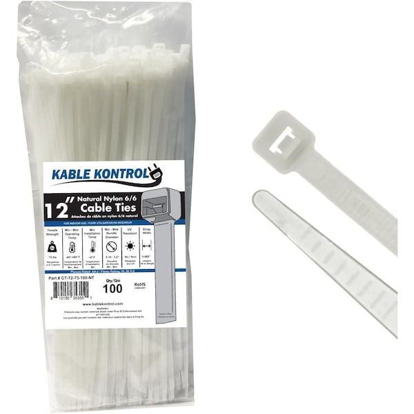 Kable Kontrol Clear Zip Ties, 12in Inch L, Natural Nylon, 75 Lbs Tensile Strength, 100PK - CT-12-75-100-NT