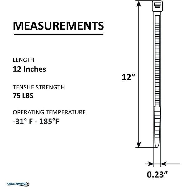 Kable Kontrol Clear Zip Ties, 12in Inch L, Natural Nylon, 75 Lbs Tensile Strength, 100PK - CT-12-75-100-NT