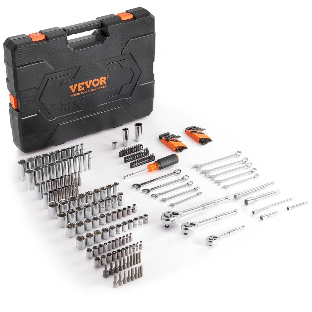 VEVOR Mechanics Tool Set and Socket Set, 1/4" 3/8" 1/2" Drive Deep and Standard Sockets, 205 Pcs SAE and Metric Mechanic Tool Kit with Bits, Combination Wrench, Hex Wrenches, Accessories, Storage Case - JXGJ143812SAE8DWQV0