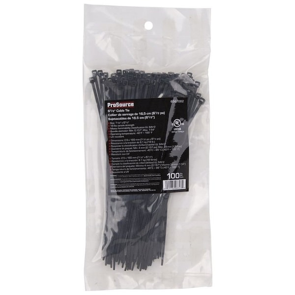 Prosource Cable Tie, 6-1/2 in L, 39 mm Max Bundle Dia., Black, Nylon, 18 lb Strength - CV165W-1003L