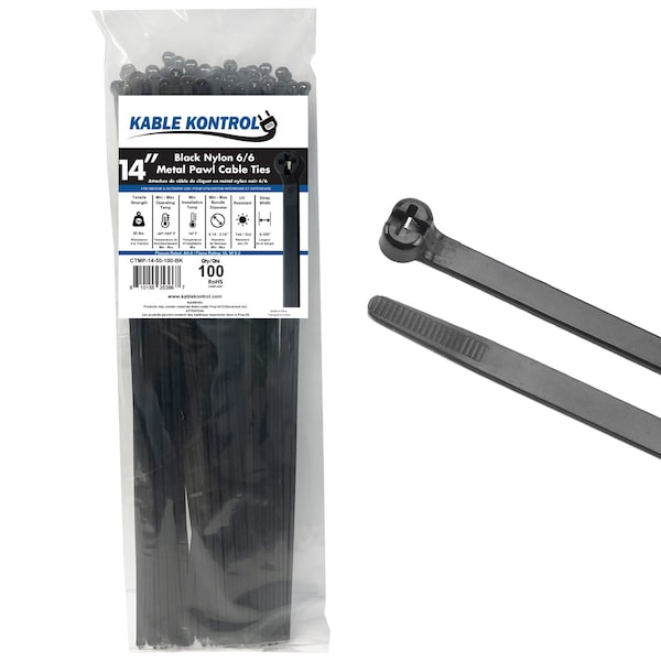 Kable Kontrol Metal Pawl Cable Ties, 14 in L, 4.07 in Max Bundle Dia., Black, Nylon 6-6 + Stainless Steel, 100 PK - CTMP-14-50-100-BK