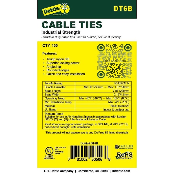 Dottie Cable Tie, 8 in L, 1.97 in Max Bundle Dia., Black, Nylon 6/6, 50 lb Strength, 100 PK - DT6B