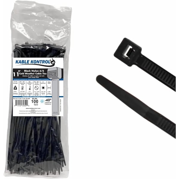 Kable Kontrol Cold Weather Cable Zip Ties, 11 Long, Black, 50 Lbs Tensile Strength, 100 pcs Pack, 100PK - CTCW-11-50-100-BK