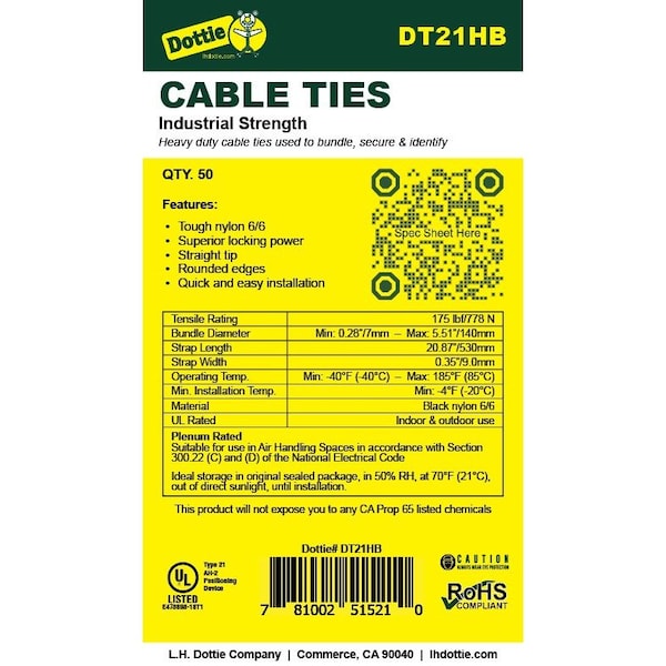 Dottie Cable Tie, 21 in L, 5.51 in Max Bundle Dia., Black, Nylon 6/6, 175 lb Strength, 50 PK - DT21HB
