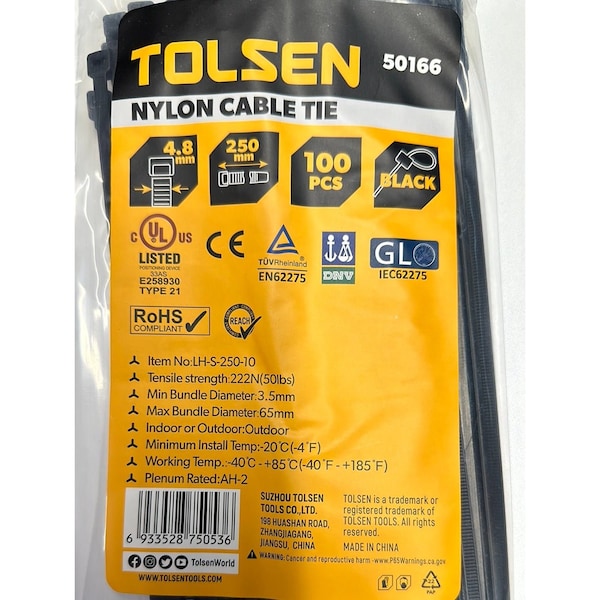 Tolsen Cable Tie, 10 in L, 65 mm Max Bundle Dia., Black, Nylon 6/6, 50 lb Strength, 100 PK - 50166