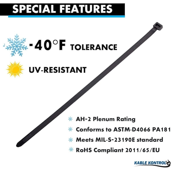 Kable Kontrol Cold Weather Cable Zip Ties, 8 Long, Black, 50 Lbs Tensile Strength, 100 pcs Pack, 100PK - CTCW-08-50-100-BK