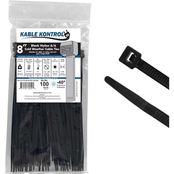 Kable Kontrol Cold Weather Cable Zip Ties, 8 Long, Black, 50 Lbs Tensile Strength, 100 pcs Pack, 100PK - CTCW-08-50-100-BK