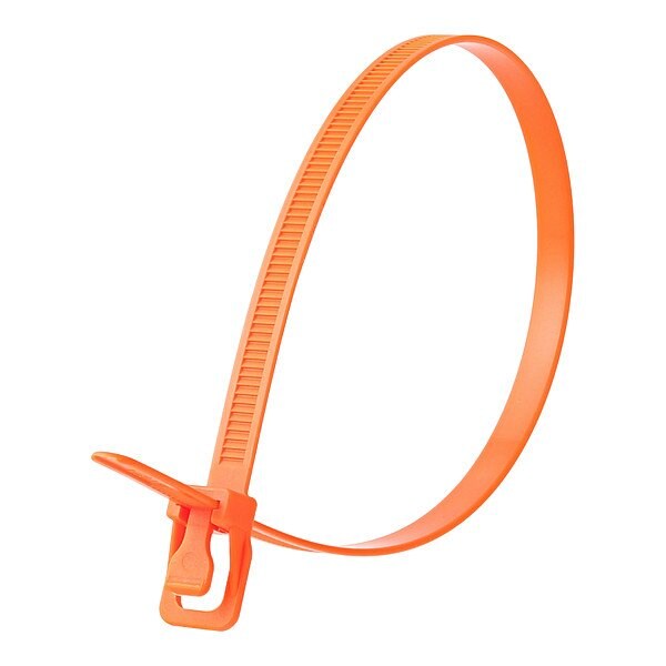Retyz Reusable Cable Ties, 8 in L, 55 mm Max Bundle Dia., Fluorescent Orange, Nylon 6/6, 120 lb Strength - WKT-S08FO-HA