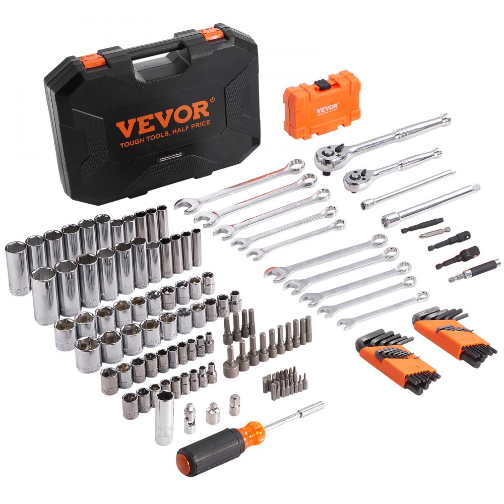 VEVOR Mechanics Tool Set and Socket Set, 1/4" and 3/8" Drive Deep and Standard Sockets, 145 Pcs SAE and Metric Mechanic Tool Kit with Bits, Combination Wrench, Hex Wrenches, Accessories, Storage Case - JXGJTZ1438SAEUVL7V0