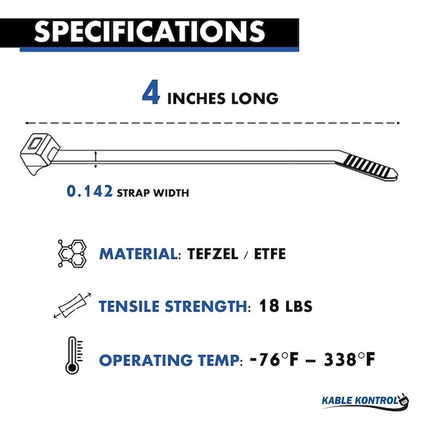 Kable Kontrol ETFE Tefzel Cable Zip Ties, 4 inch, 18lbs, 100PK - KKTF-04-18-100