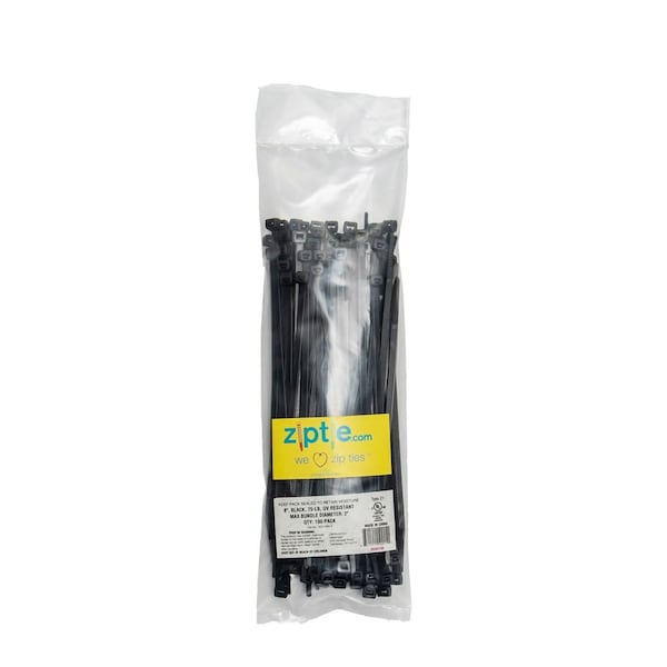 South Main Hardware Cable Tie, 8 in L, Black, Nylon, 75 lb Strength, 100 PK - 220138