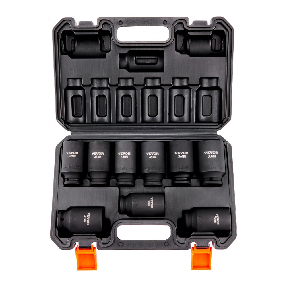 VEVOR 1/2" Drive Impact Socket Set, 9 Piece Deep Socket Set Metric 29-38mm, 6 Point Cr-Mo Alloy Steel for Auto Repair, Easy-to-Read Size Markings, Rugged Construction, Includes Storage Case - CJTTZJCRMO912IFZ2V0