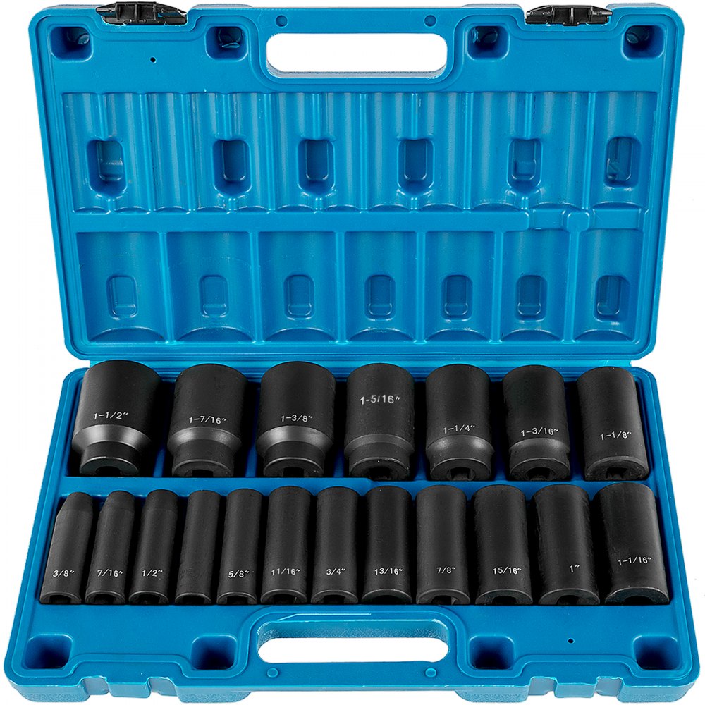 VEVOR Impact Socket Set 1/2 Inches 19 Piece Impact Sockets, Deep Socket, 6-Point Sockets, Rugged Construction, Cr-V, 1/2 Inches Drive Socket Set Impact 3/8 inch - 1-1/2 inch, with a Storage Cage - CJTT12IN19PCSD001V0