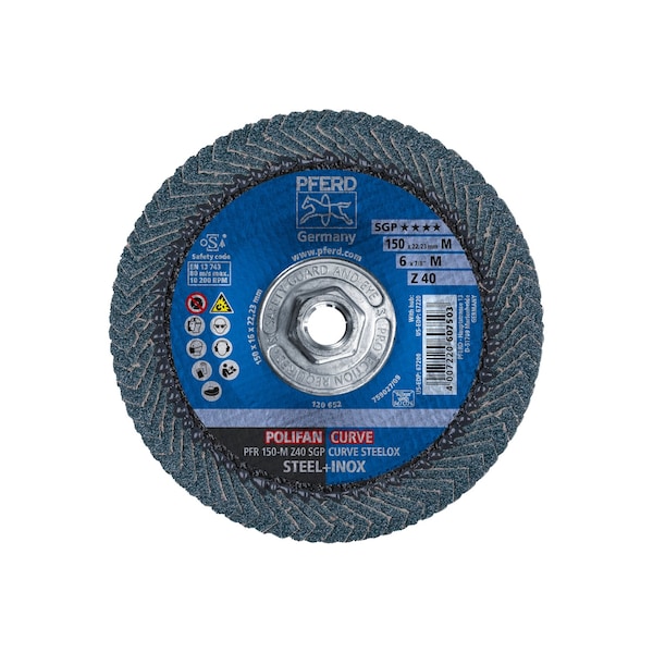 Disco de láminas POLIFAN® de 6" x 5/8-11 Hilo, curva media, de óxido de circonio Z SGP CURVE STEELOX, 40 granos - 67220