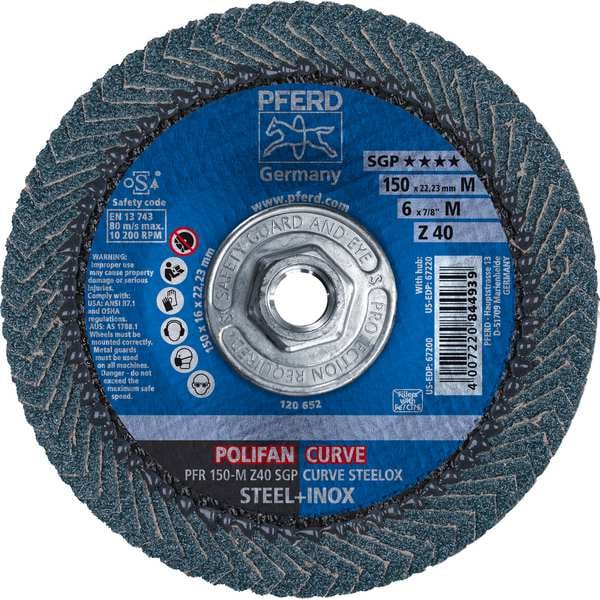 Disco de láminas POLIFAN® de 6" x 5/8-11 Hilo, curva media, de óxido de circonio Z SGP CURVE STEELOX, 40 granos - 67220
