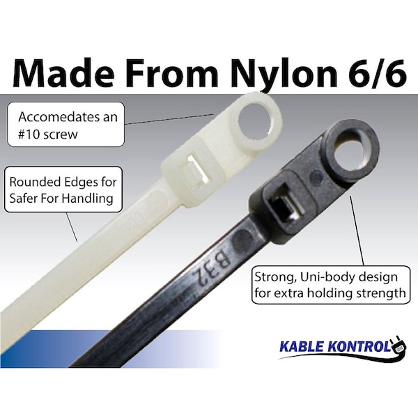 Kable Kontrol Cable Tie, 7 in L, 1.80 in Max Bundle Dia., Black, Nylon 6/6, 50 lb Strength, 100 PK - MHT7-50-BLACK