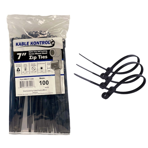 Kable Kontrol Cable Tie, 7 in L, 1.80 in Max Bundle Dia., Black, Nylon 6/6, 50 lb Strength, 100 PK - MHT7-50-BLACK