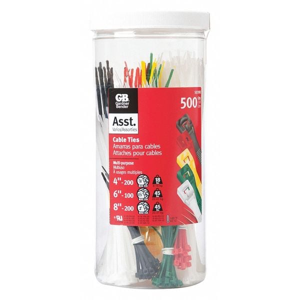 Gardner Bender Cable Tie Assortment, 4 in, 6 in, 8 in L, Black, Green, Natural, Red, Yellow, Nylon 6/6, 500 PK - 50398