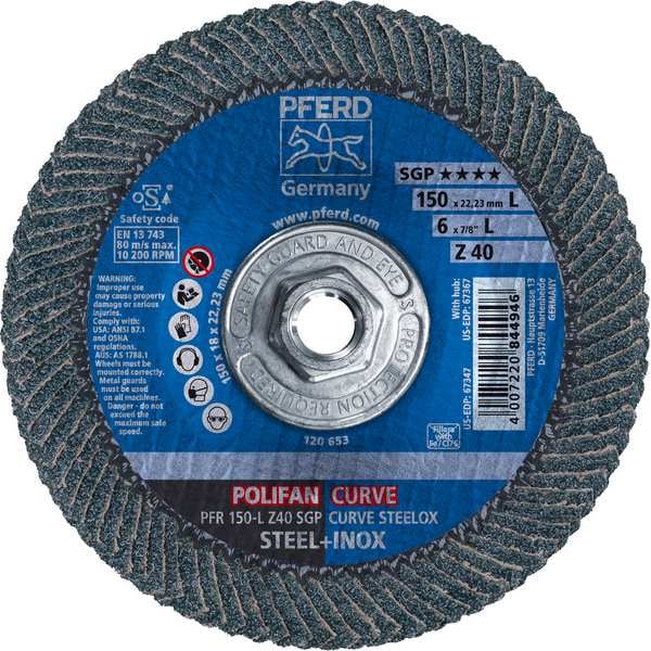 6" x 5/8-11 Thd. POLIFAN® Disco de láminas - Z SGP CURVE STEELOX, Zirconia, 40 Granos, Gran Radio - 67367