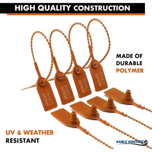 Kable Kontrol Pull Tight Cable Zip Tie Seals, Numbered Tamper Evident, 9in L, 20 Lbs Strength, Orange, 50PK - CTPT-9-50-OR