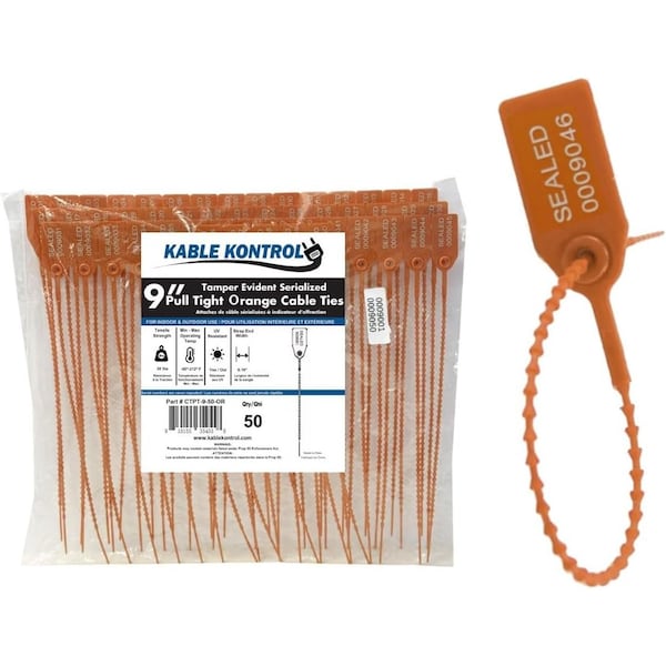 Kable Kontrol Pull Tight Cable Zip Tie Seals, Numbered Tamper Evident, 9in L, 20 Lbs Strength, Orange, 50PK - CTPT-9-50-OR