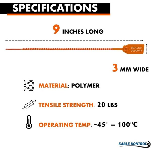 Kable Kontrol Pull Tight Cable Zip Tie Seals, Numbered Tamper Evident, 9in L, 20 Lbs Strength, Orange, 50PK - CTPT-9-50-OR