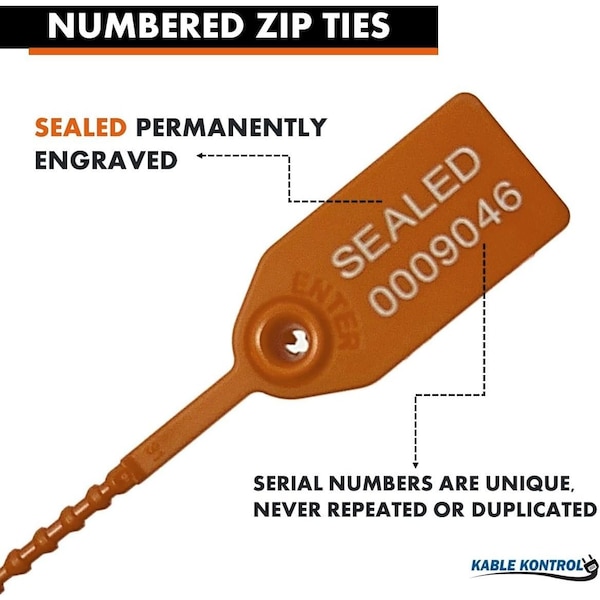 Kable Kontrol Pull Tight Cable Zip Tie Seals, Numbered Tamper Evident, 9in L, 20 Lbs Strength, Orange, 50PK - CTPT-9-50-OR