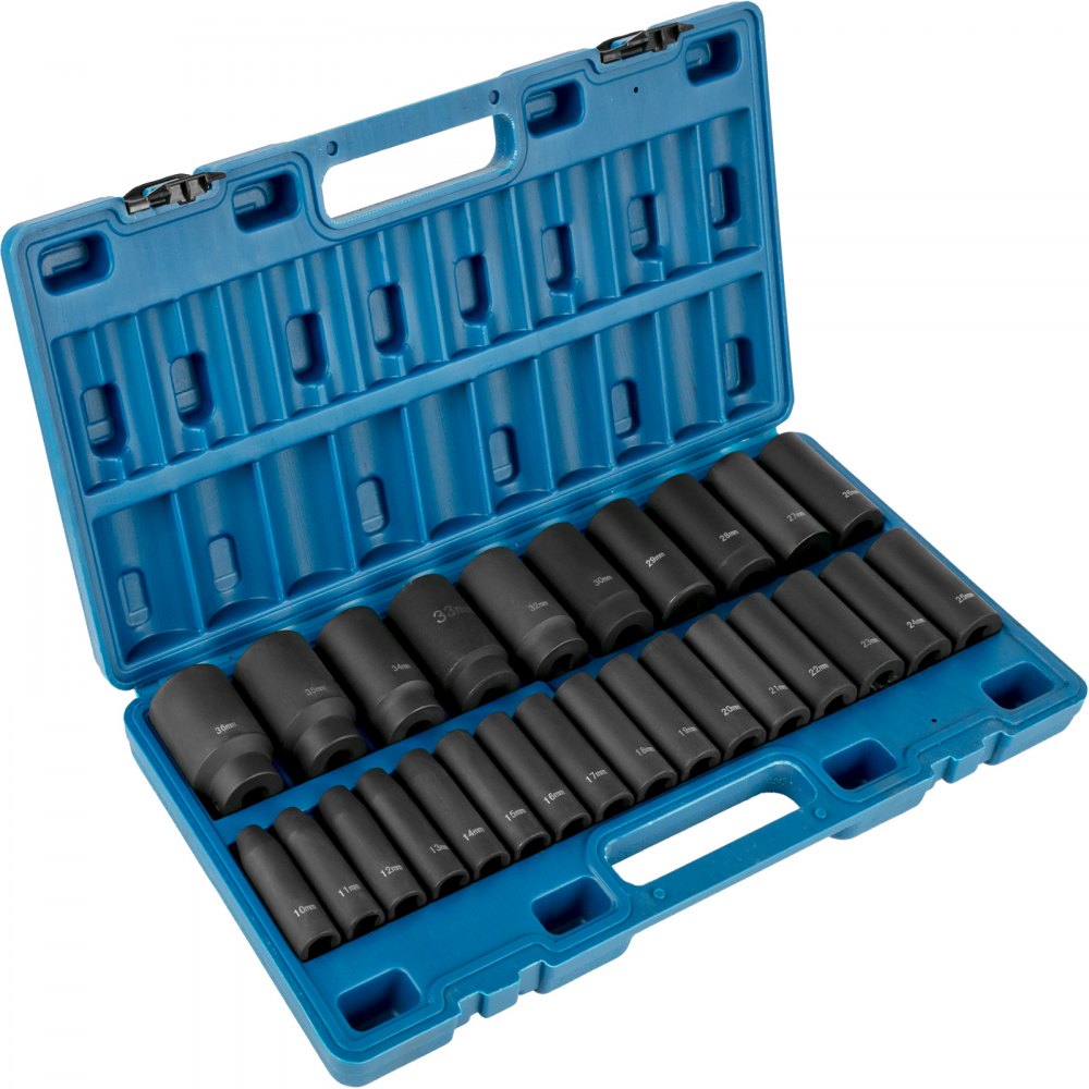 VEVOR Impact Socket Set 1/2 Inches 26 Piece Impact Sockets, Deep Socket, 6-Point Sockets, Rugged Construction, Cr-V, 1/2 Inches Drive Socket Set Impact Metric 10mm - 36mm, with a Storage Cage - CJTT26PCS12INSD01V0