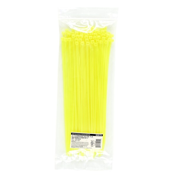 South Main Hardware Cable Tie, 11 in L, Fluorescent Yellow, Nylon, 75 lb Strength, 100 PK - 220178
