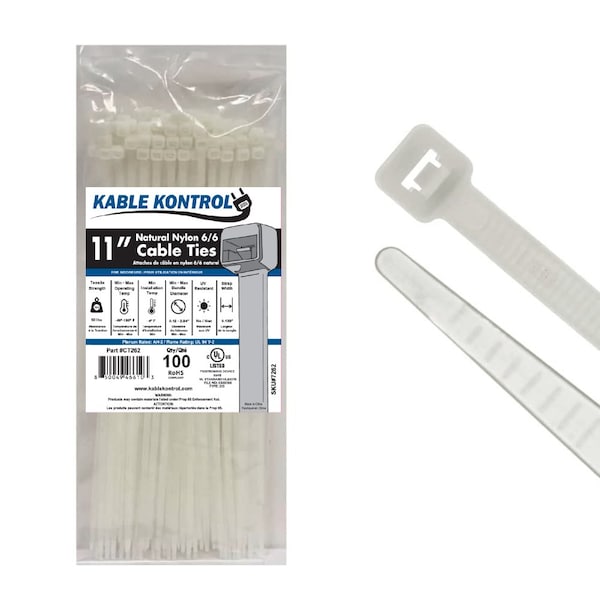 Kable Kontrol Cable Tie, 11 in L, 3-3/16 in Max Bundle Dia., Natural, Nylon 6/6, 50 lb Strength, 100 PK - CT262
