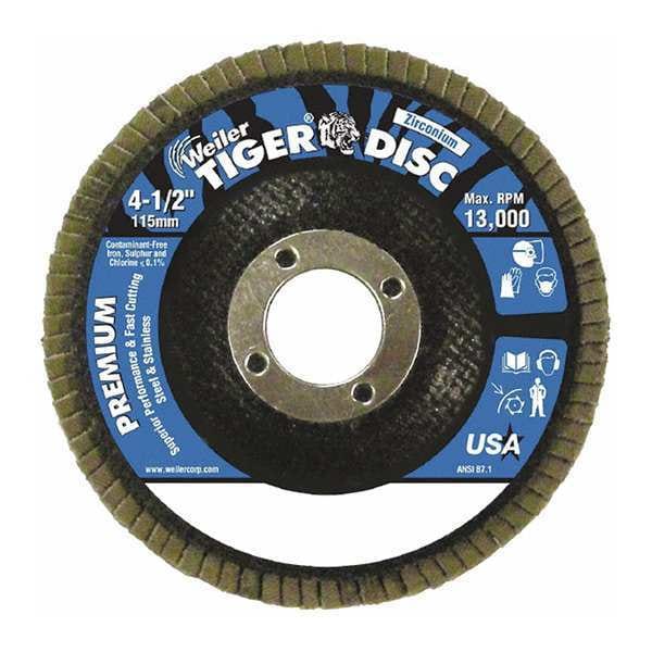 Disco abrasivo de aletas cónicas de 4-1/2" de Weiler con respaldo TY29 de 60Z y broca de 7/8" - 50514V.